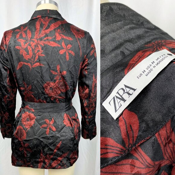 Zara medium silky printed blouse with belt burgundy black witchy corporate goth - Picture 6 of 7